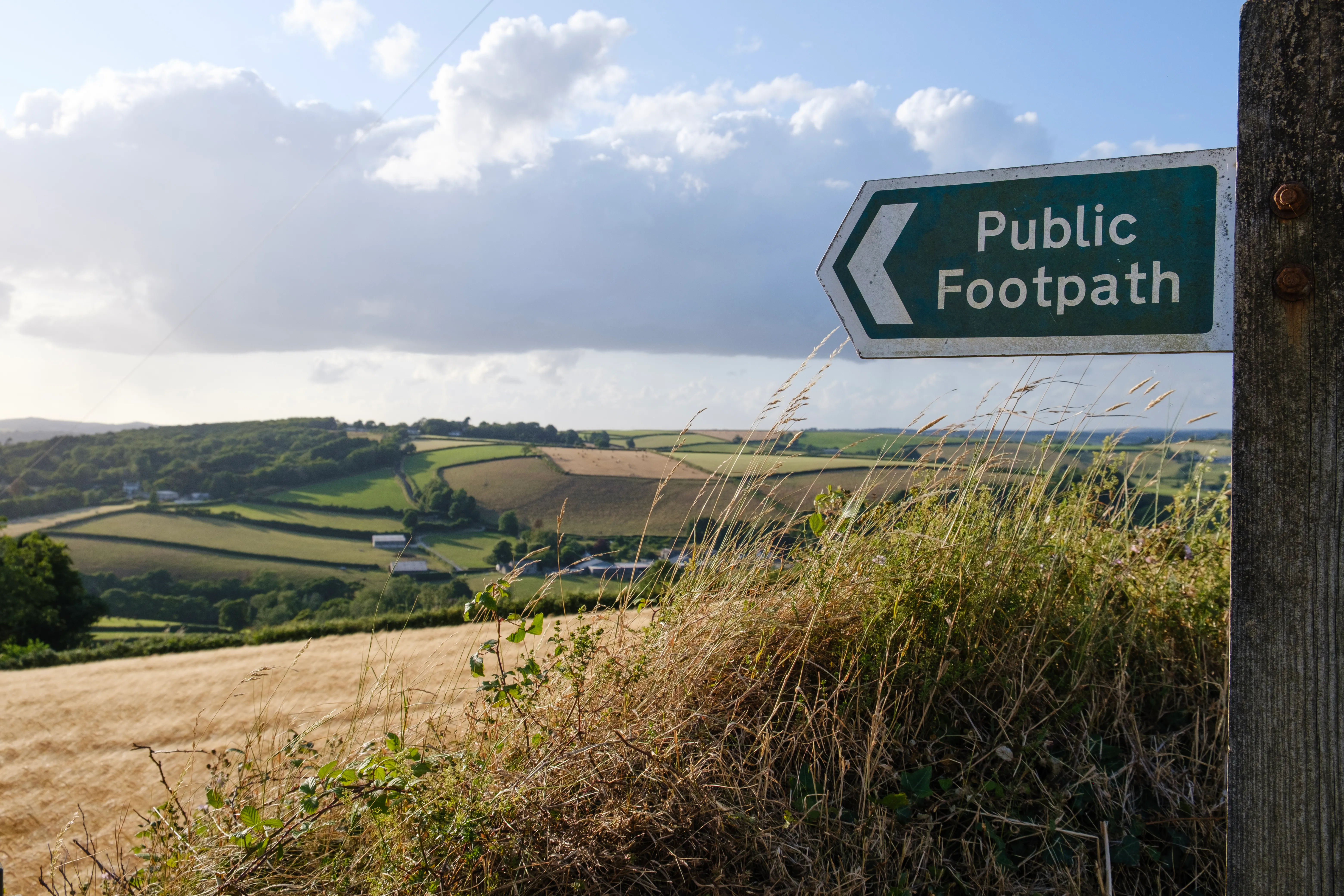 A public footpath sign with rolling hills and tall grass in the background
